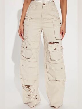 Fashion Nova Cream Distressed Cargo Pants